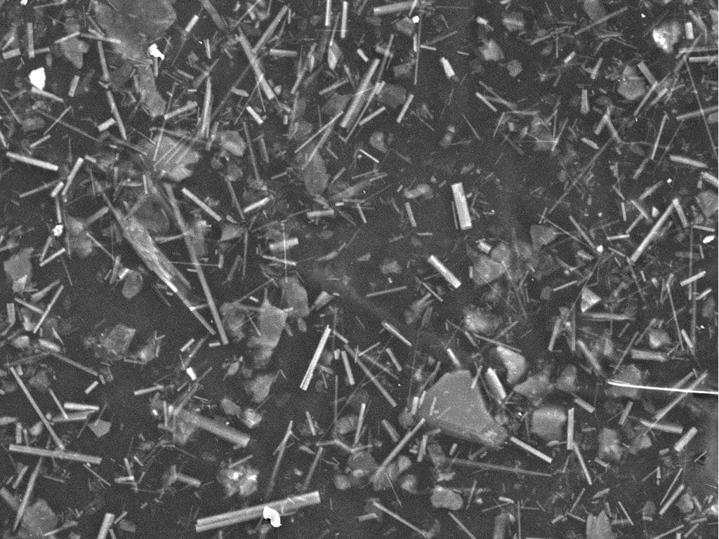 Scanning electron micrograph of anthophyllite asbestos showing prismatic amphibole fibers and cleavage fragments